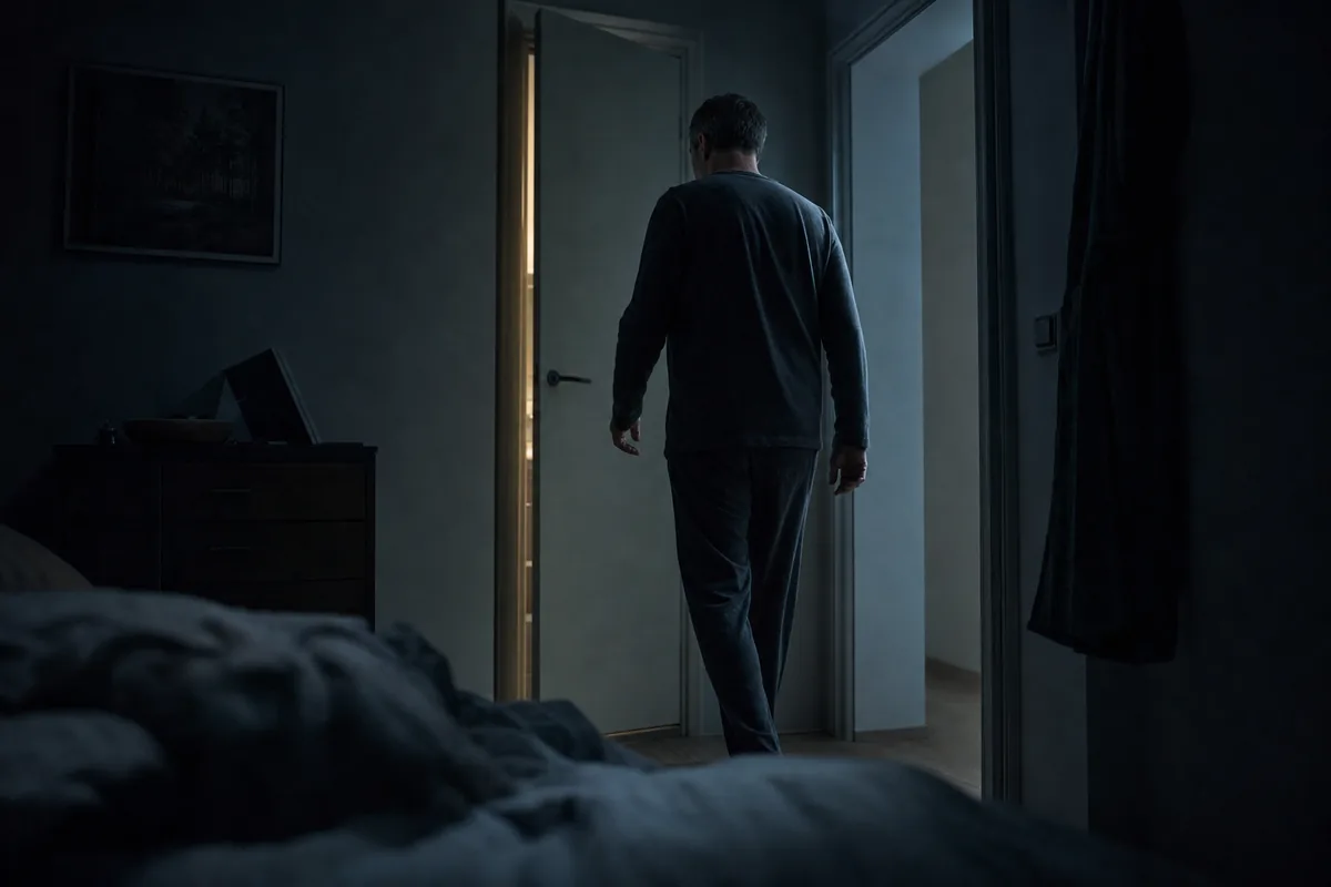 Hombre de unos 55 años levantándose de noche para ir al baño por problemas de próstata